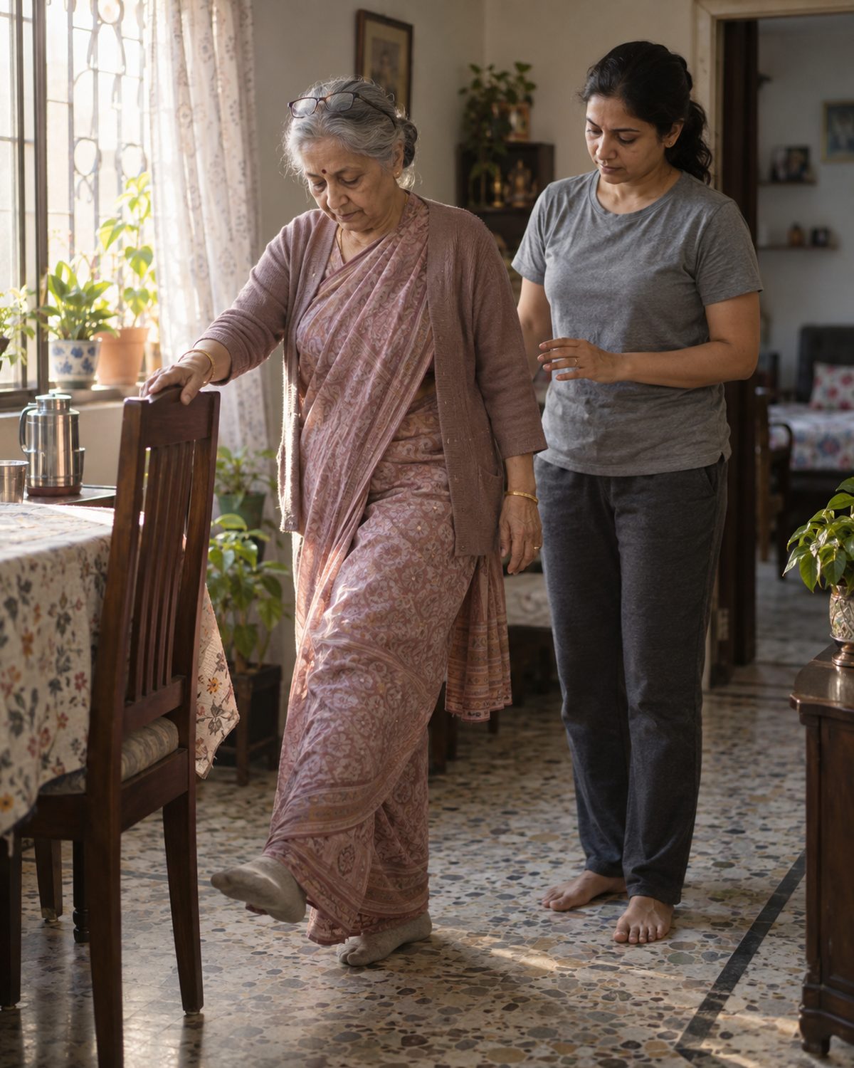 An older woman doing a guided balance exercise at home, her instructor beside her