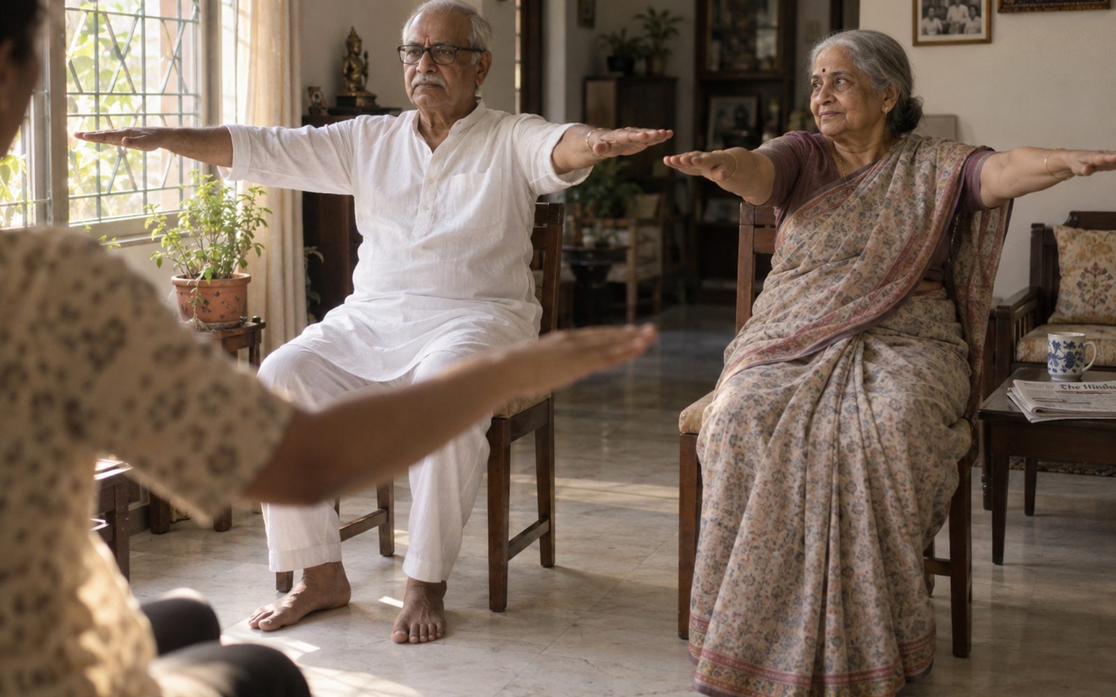 Two older adults doing a seated strength exercise together at home